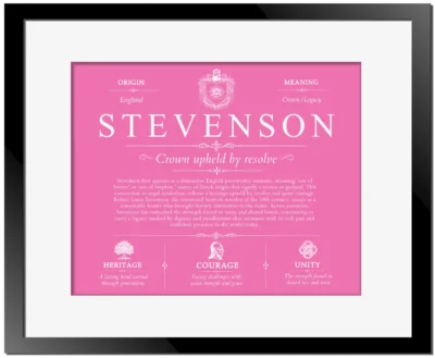 Stevenson surname meaning history and origin in Pink with Black Matte Frame