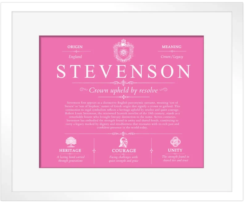 Stevenson surname meaning history and origin in Pink with White Matte Frame