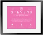 Stevens family name meaning and origin in Pink with Black Matte Frame