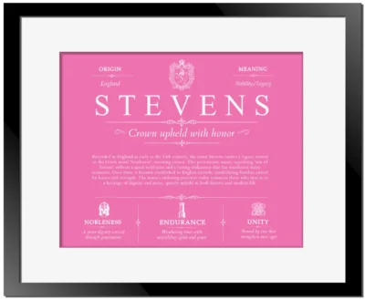 Stevens family name meaning and origin in Pink with Black Matte Frame