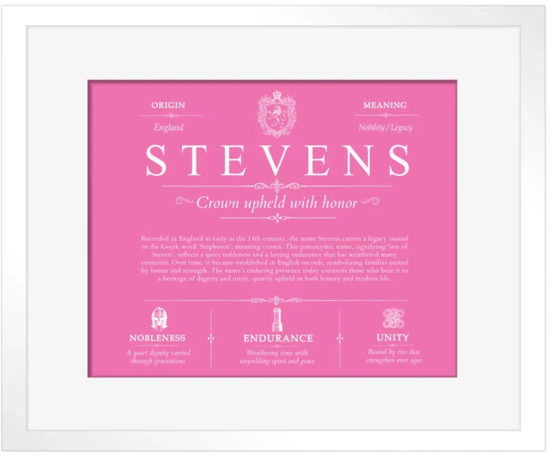 Stevens family name meaning and origin in Pink with White Matte Frame