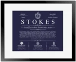 Stokes surname meaning and origin in Navy Blue with Black Matte Frame