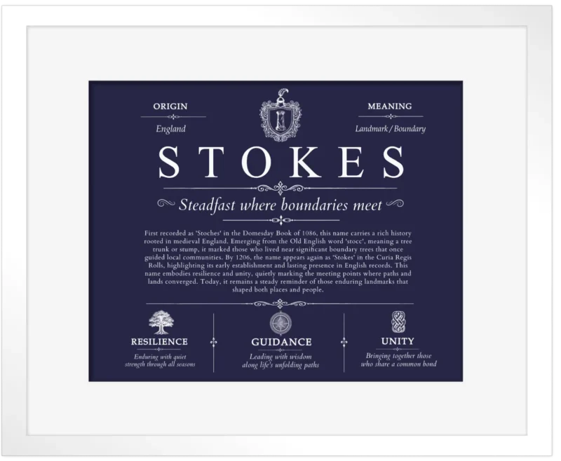 Stokes surname meaning and origin in Navy Blue with White Matte Frame