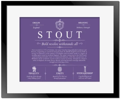 Stout surname history and family heritage in Purple with Black Matte Frame