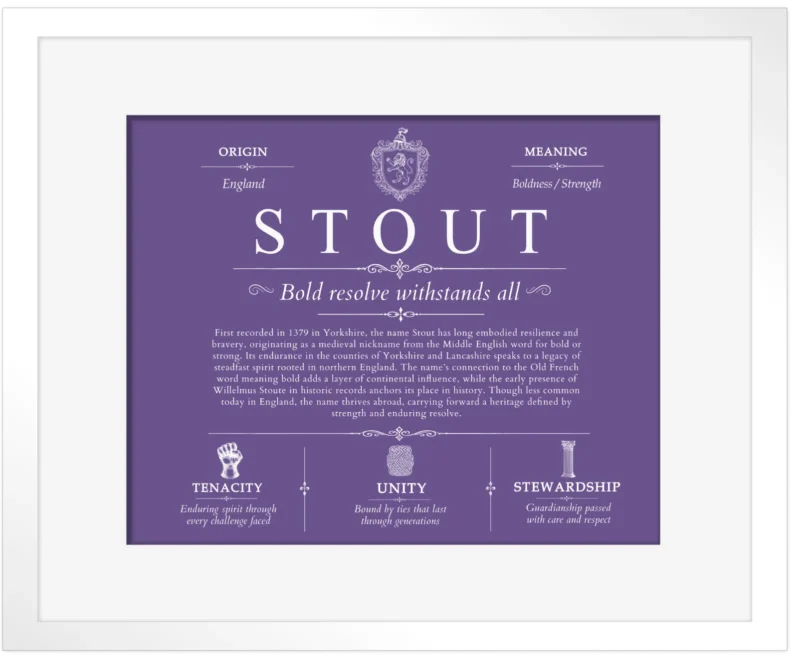 Stout surname history and family heritage in Purple with White Matte Frame