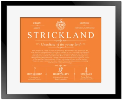 Strickland personalized family surname in Orange with Black Matte Frame