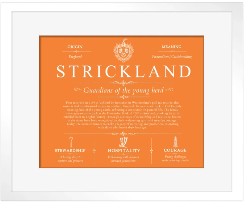 Strickland personalized family surname in Orange with White Matte Frame