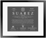 Suarez surname origin and family heritage in Gray with Black Matte Frame