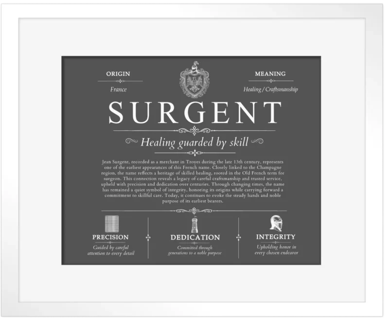 Surgent last name origin and heritage in Gray with White Matte Frame