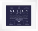 Sutton surname heritage and history in Navy Blue with White Matte Frame