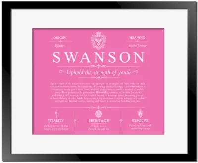 Swanson surname meaning and origin in Pink with Black Matte Frame