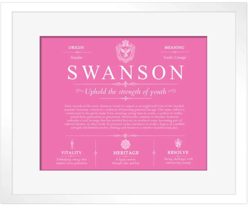 Swanson surname meaning and origin in Pink with White Matte Frame