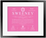Sweeney surname history and heritage in Pink with Black Matte Frame