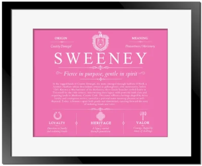 Sweeney surname history and heritage in Pink with Black Matte Frame