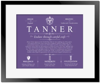Tanner last name origin and heritage in Purple with Black Matte Frame