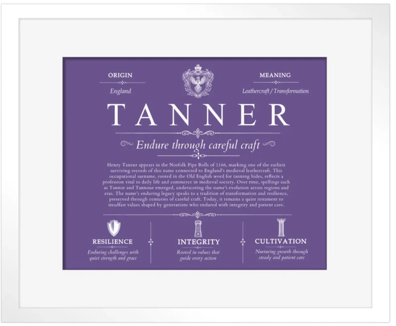 Tanner last name origin and heritage in Purple with White Matte Frame