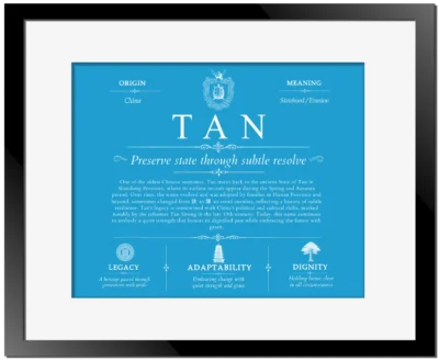 Tan surname meaning history and origin in Blue with Black Matte Frame