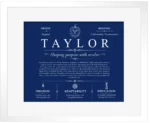 Taylor family name meaning and origin in Deep Blue with White Matte Frame Taylor family name meaning and origin in Deep Blue with White Matte Frame