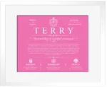 Terry personalized last name meaning in Pink with White Matte Frame Terry personalized last name meaning in Pink with White Matte Frame