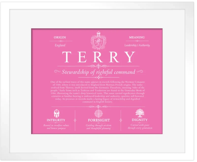 Terry personalized last name meaning in Pink with White Matte Frame