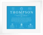 Thompson last name history and origin in Blue with White Matte Frame Thompson last name history and origin in Blue with White Matte Frame