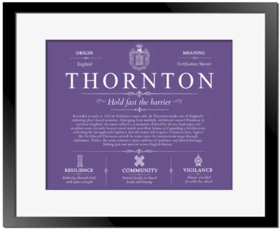 Thornton family name meaning and origin in Purple with Black Matte Frame