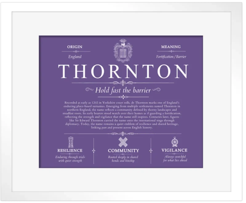 Thornton family name meaning and origin in Purple with White Matte Frame