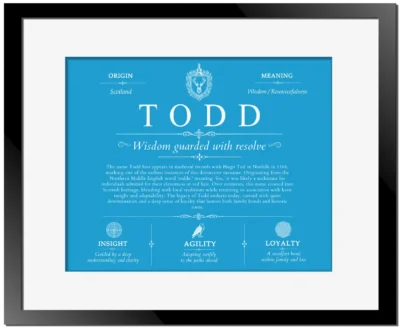 Todd surname meaning origin and heritage in Blue with Black Matte Frame