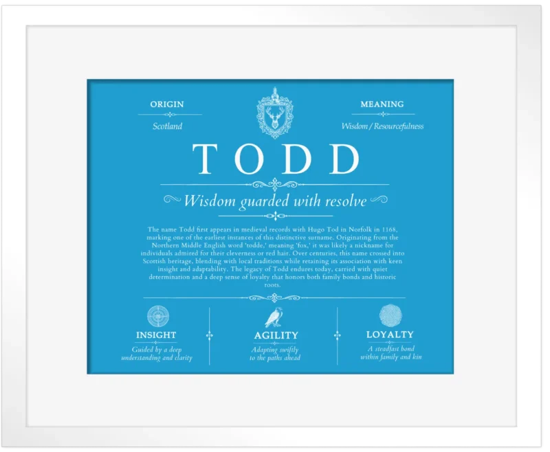 Todd surname meaning origin and heritage in Blue with White Matte Frame