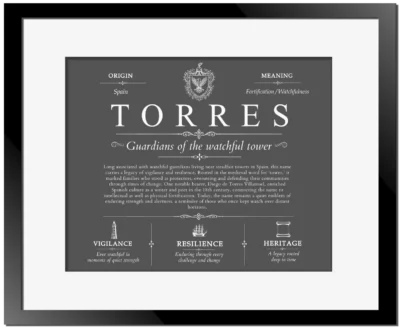 Torres surname heritage and history in Gray with Black Matte Frame