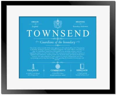 Townsend personalized last name meaning in Blue with Black Matte Frame