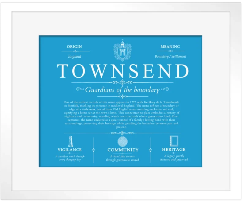 Townsend personalized last name meaning in Blue with White Matte Frame