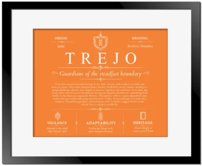 Trejo surname meaning and origin in Orange with Black Matte Frame