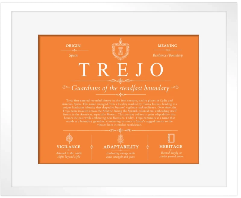Trejo surname meaning and origin in Orange with White Matte Frame