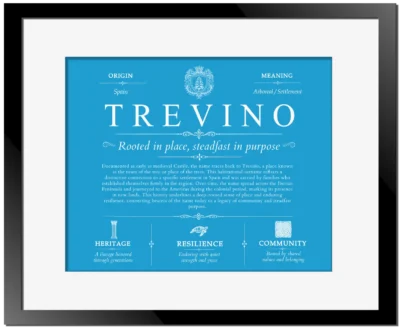 Trevino personalized surname meaning in Blue with Black Matte Frame