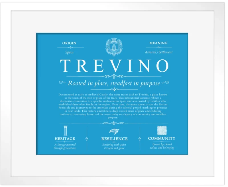 Trevino personalized surname meaning in Blue with White Matte Frame