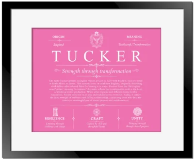 Tucker surname history and family heritage in Pink with Black Matte Frame