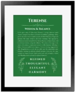 Terense custom wall art with name meaning in dark green with black matte frame