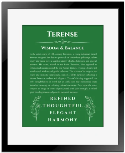Terense custom wall art with name meaning in dark green with black matte frame