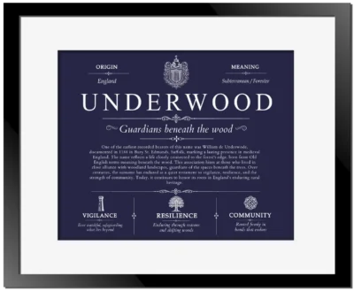 Underwood personalized surname meaning in Navy Blue with Black Matte Frame