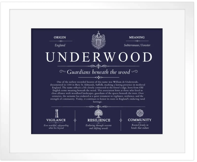 Underwood personalized surname meaning in Navy Blue with White Matte Frame