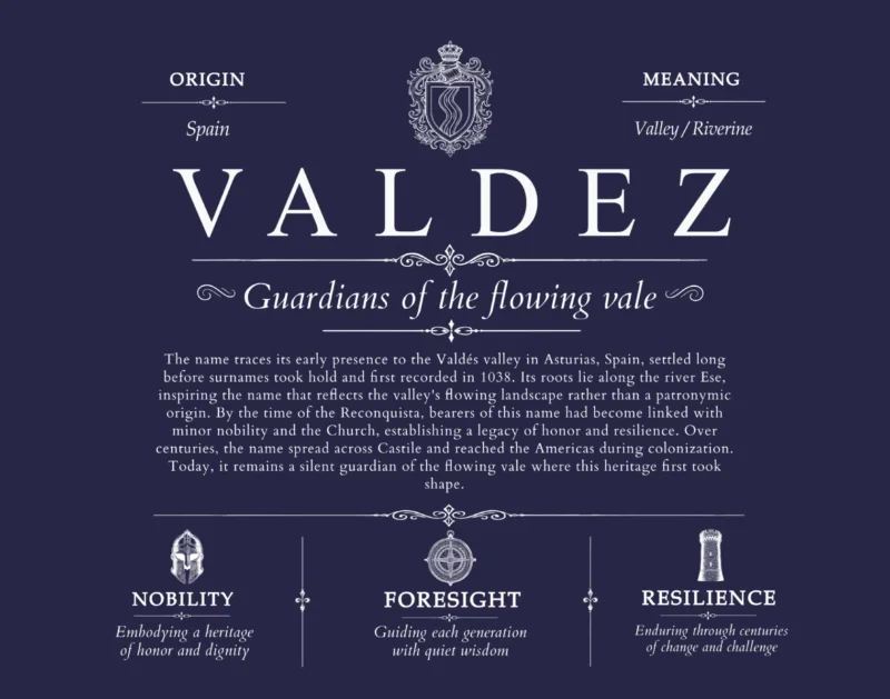 Valdez family name meaning and origin in Navy Blue