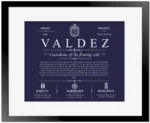 Valdez family name meaning and origin in Navy Blue with Black Matte Frame