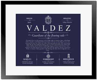 Valdez family name meaning and origin in Navy Blue with Black Matte Frame