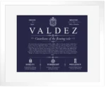 Valdez family name meaning and origin in Navy Blue with White Matte Frame