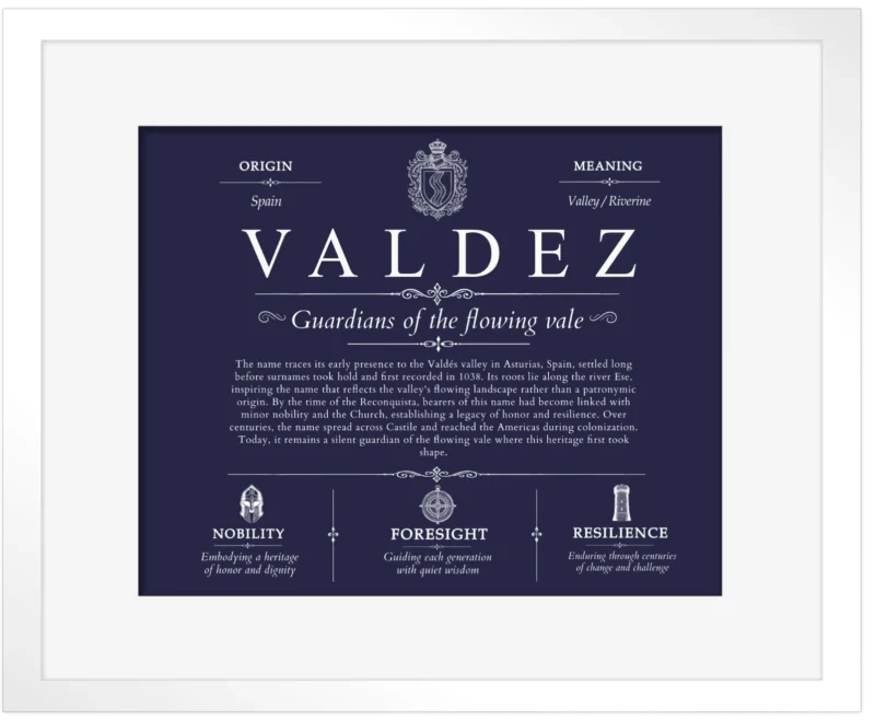 Valdez family name meaning and origin in Navy Blue with White Matte Frame