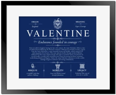 Valentine last name meaning and origin in Deep Blue with Black Matte Frame