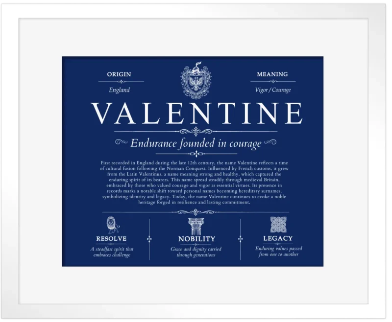 Valentine last name meaning and origin in Deep Blue with White Matte Frame