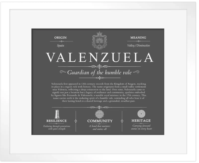 Valenzuela surname meaning history and origin in Gray with White Matte Frame