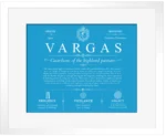 Vargas surname origin and family heritage in Blue with White Matte Frame Vargas surname origin and family heritage in Blue with White Matte Frame